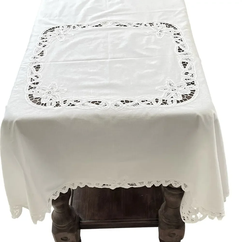 White Cutwork Lace Tablecloth 40x37 Square Table Topper Cottagecore Dresser Vtg